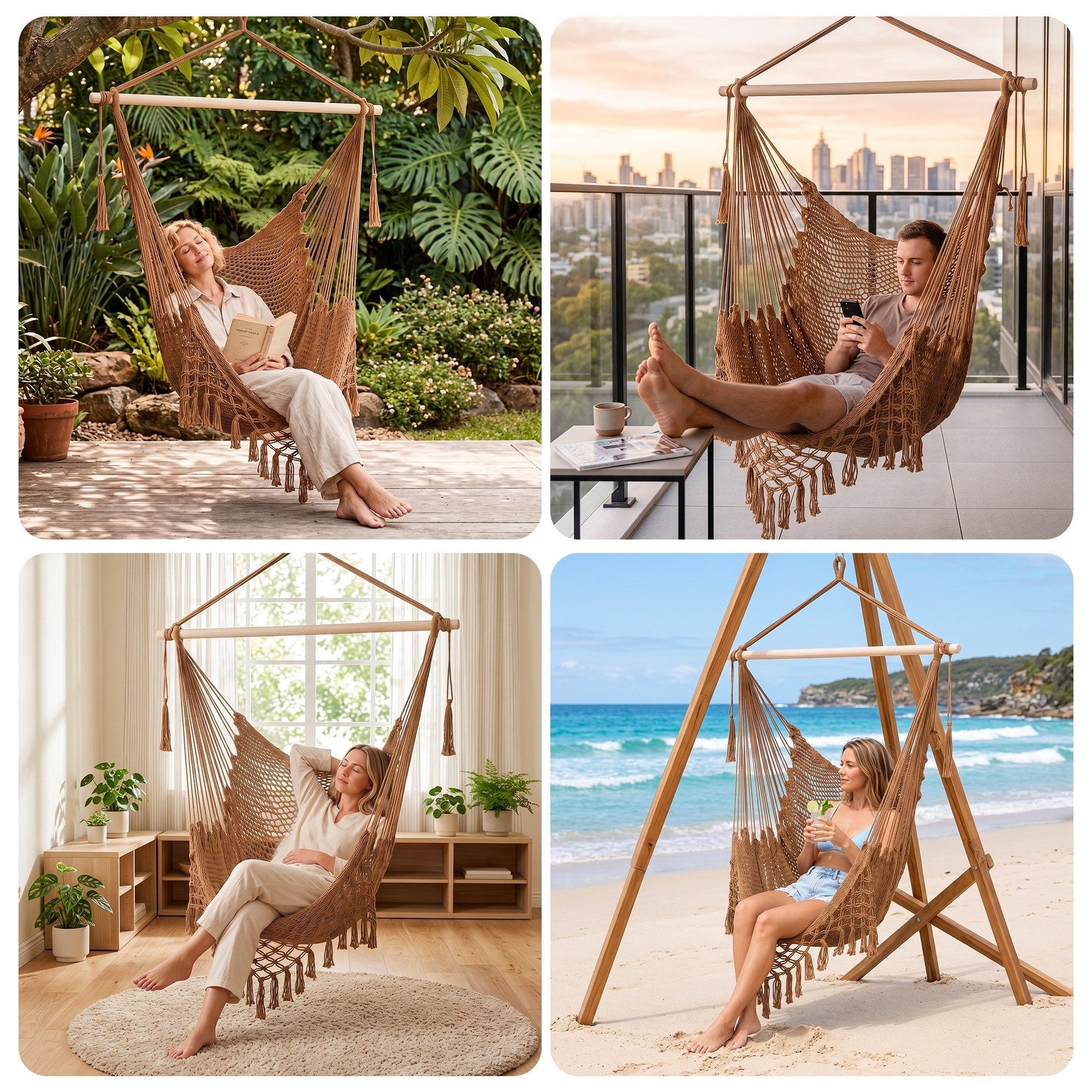 Gardeon Hammock Chair Camping Hanging Chair with Spreader Bar Tassels Brown Awezingly