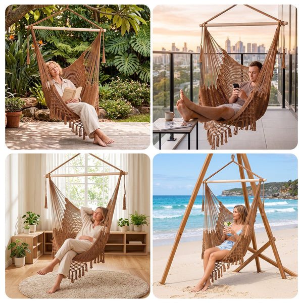 Gardeon Hammock Chair Camping Hanging Chair with Spreader Bar Tassels Brown Awezingly