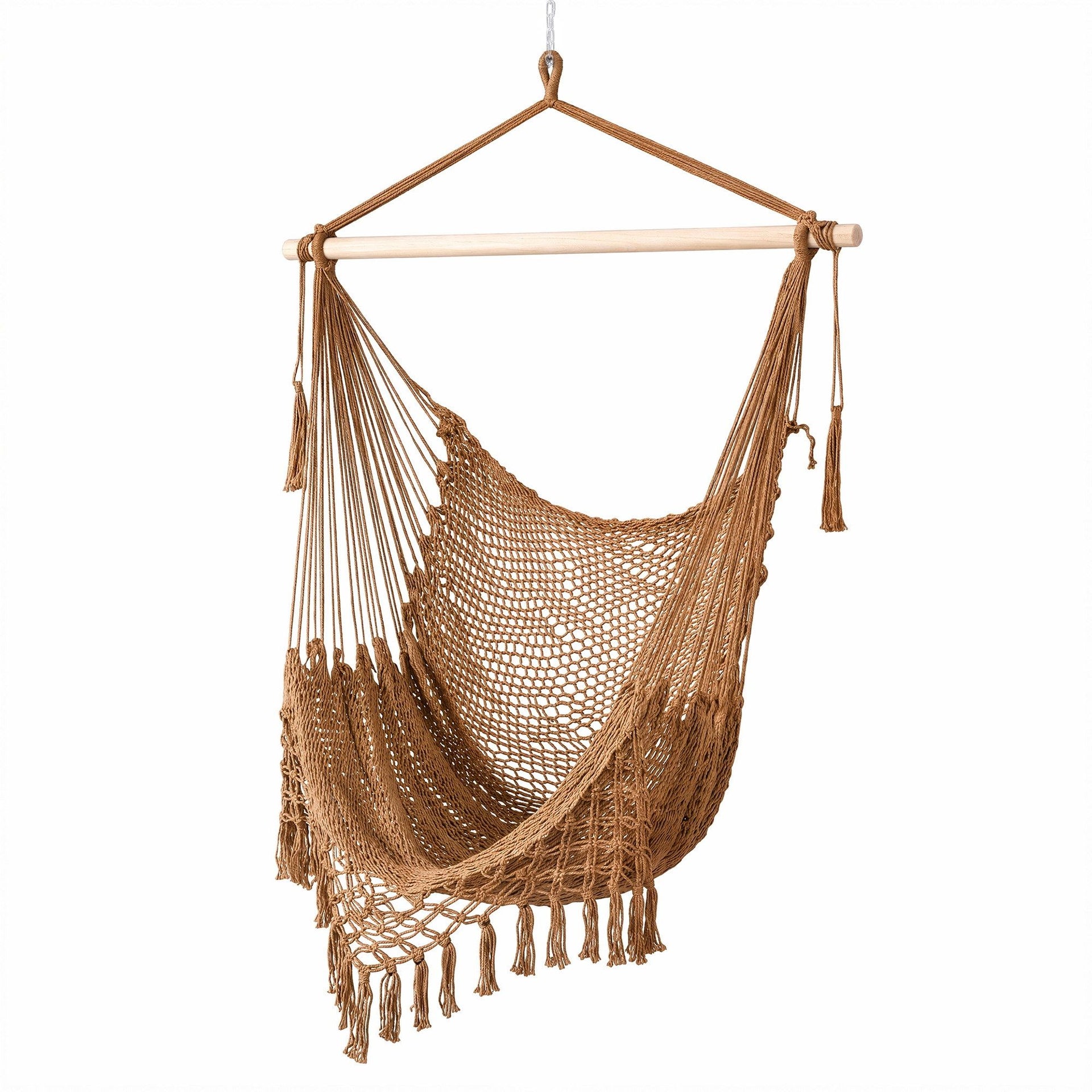 Gardeon Hammock Chair Camping Hanging Chair with Spreader Bar Tassels Brown Awezingly