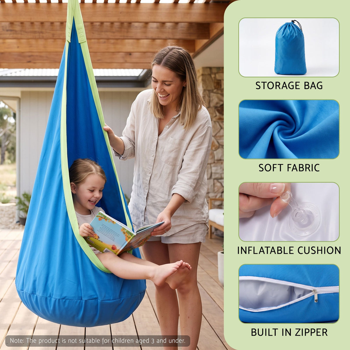 Gardeon Kids Hammock Chair Camping 70cmx150cm with Cushion Storage Bag Blue Awezingly
