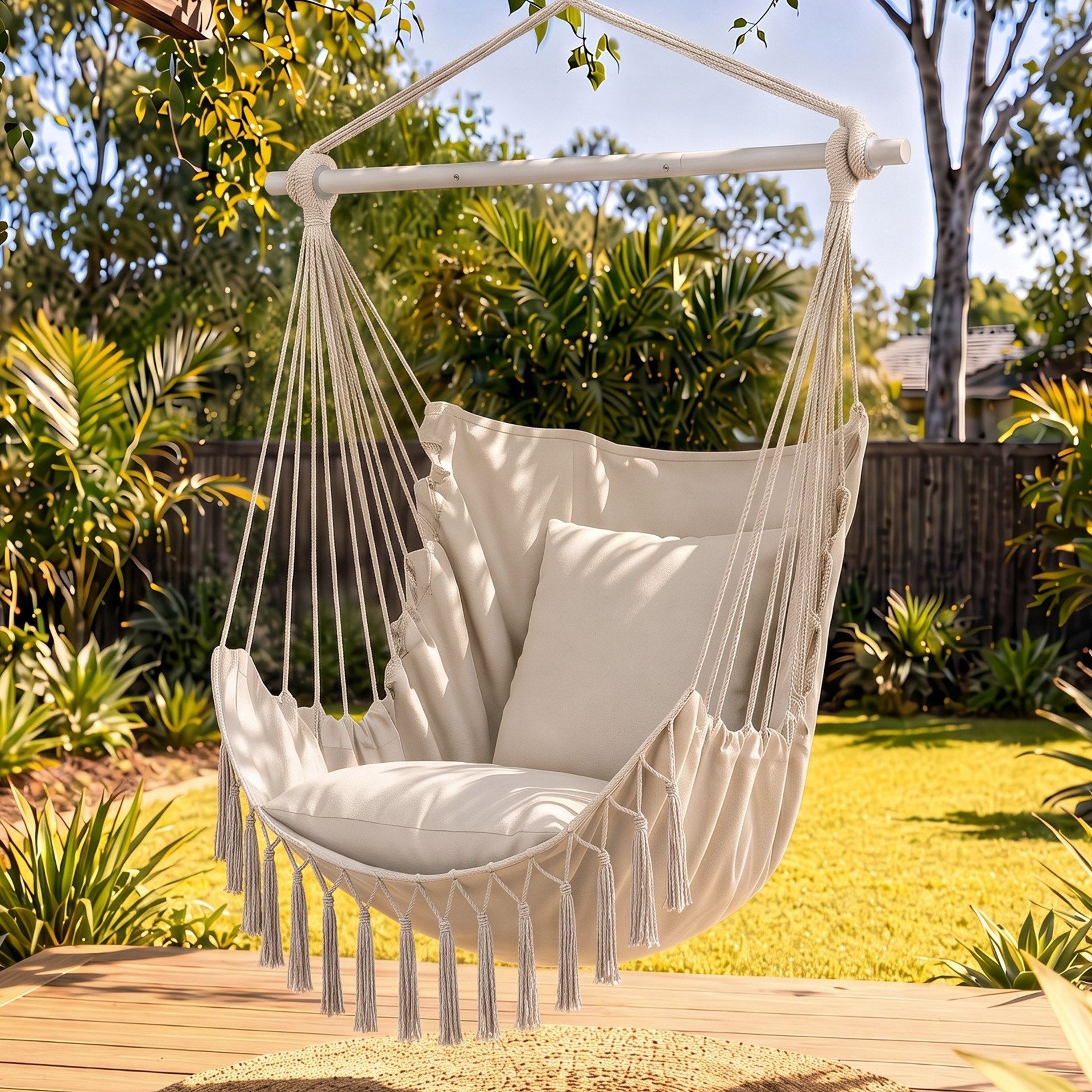 Gardeon Hammock Chair Camping Macrame Hanging Swing Cushions Metal Bar Cream Awezingly