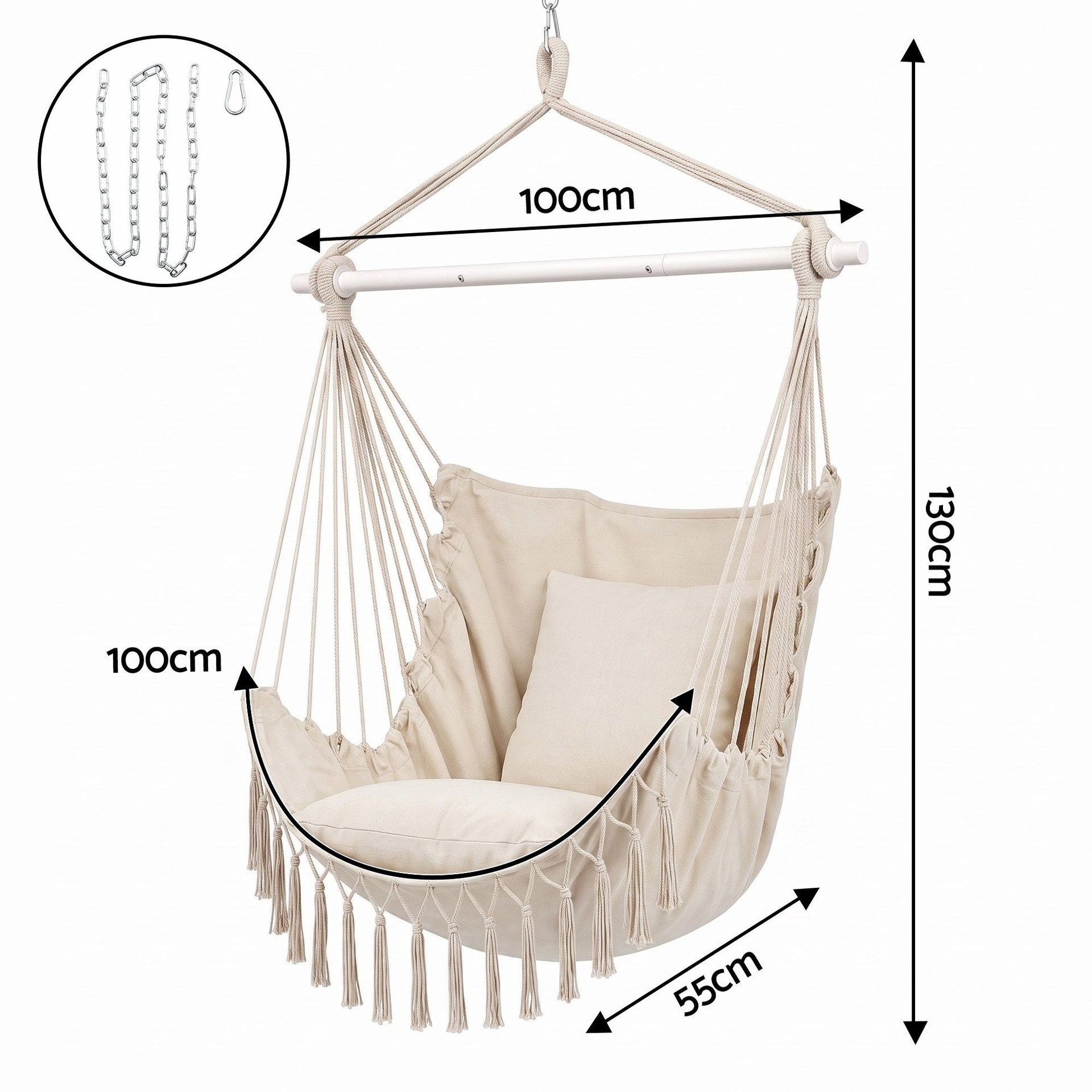 Gardeon Hammock Chair Camping Macrame Hanging Swing Cushions Metal Bar Cream Awezingly
