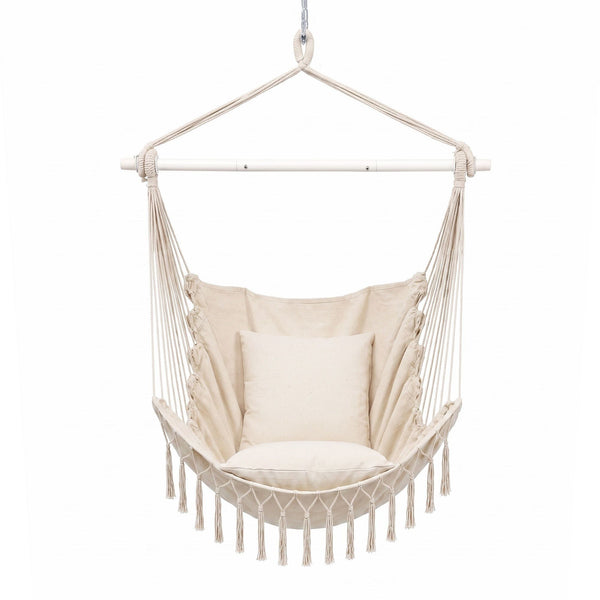 Gardeon Hammock Chair Camping Macrame Hanging Swing Cushions Metal Bar Cream Awezingly