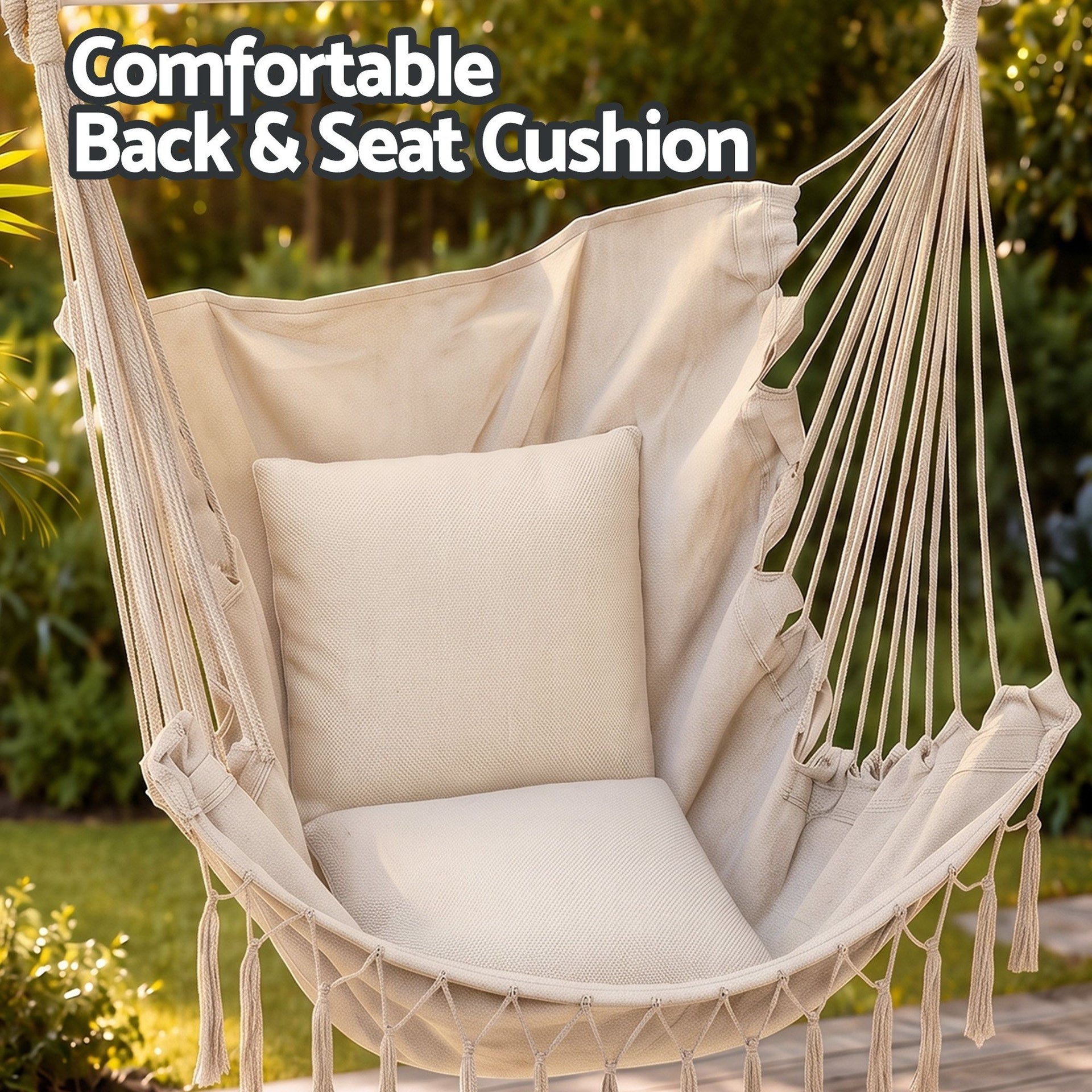 Gardeon Hammock Chair Camping Macrame Hanging Swing Cushions Metal Bar Cream Awezingly