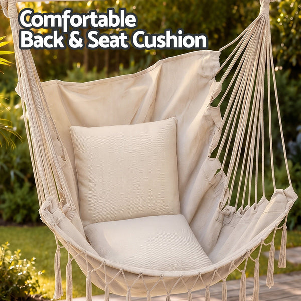 Gardeon Hammock Chair Camping Macrame Hanging Swing Cushions Metal Bar Cream Awezingly