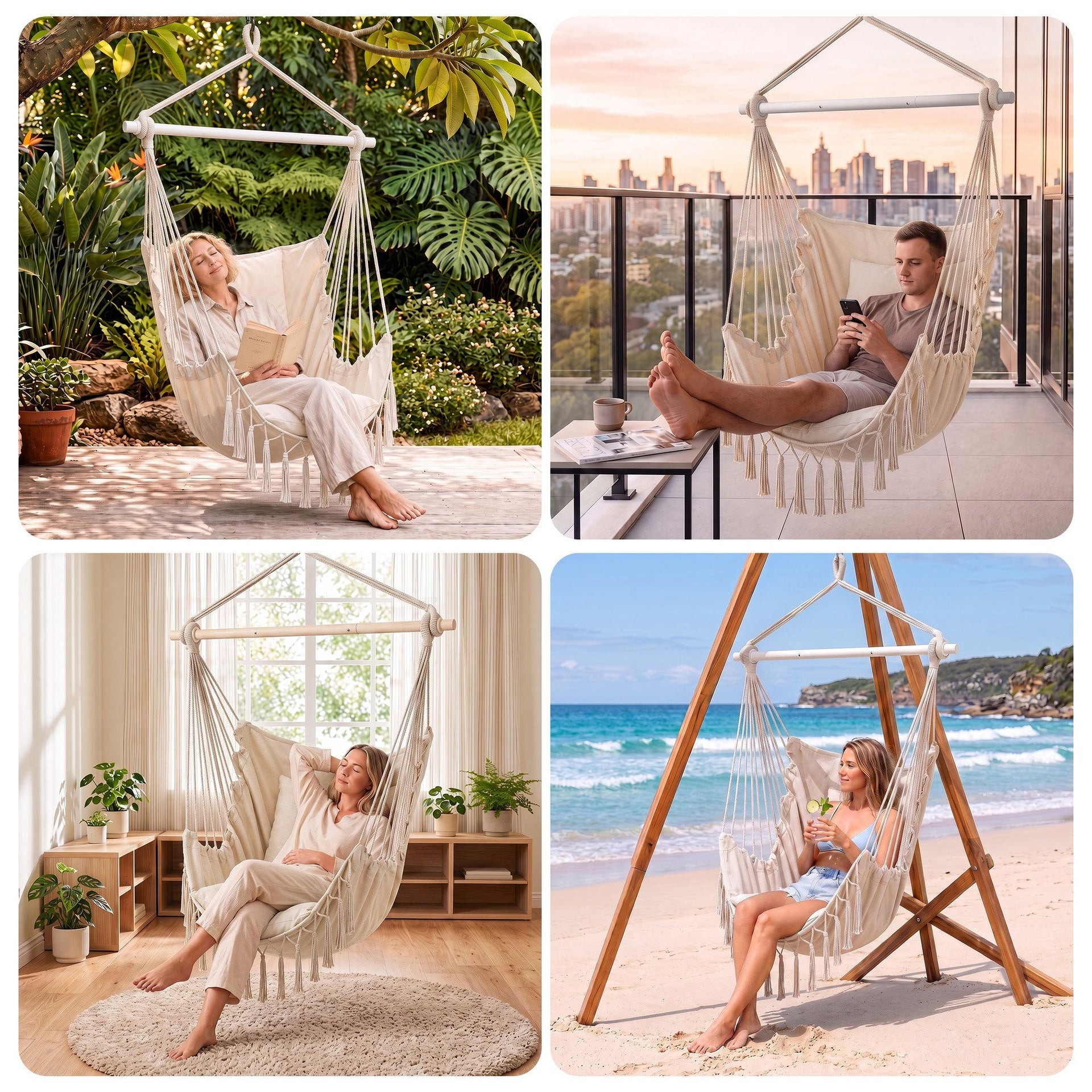 Gardeon Hammock Chair Camping Macrame Hanging Swing Cushions Metal Bar Cream Awezingly