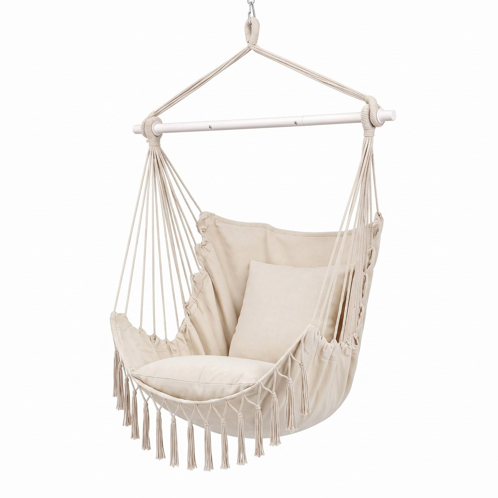 Gardeon Hammock Chair Camping Macrame Hanging Swing Cushions Metal Bar Cream Awezingly