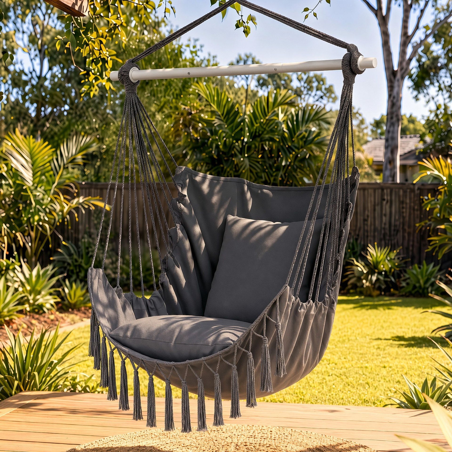 Gardeon Hammock Chair Camping Macrame Hanging Swing Cushions Metal Bar Grey Awezingly