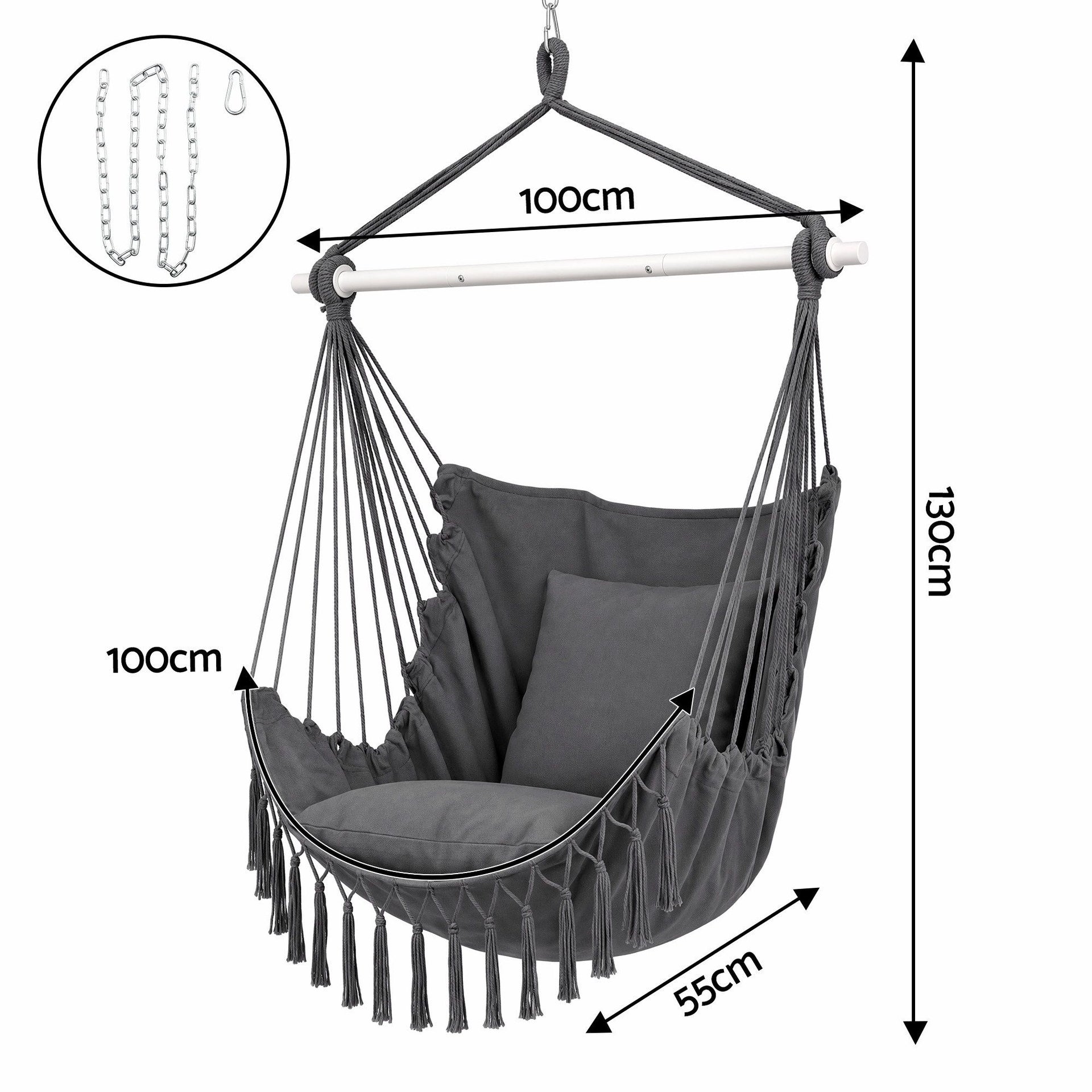 Gardeon Hammock Chair Camping Macrame Hanging Swing Cushions Metal Bar Grey Awezingly