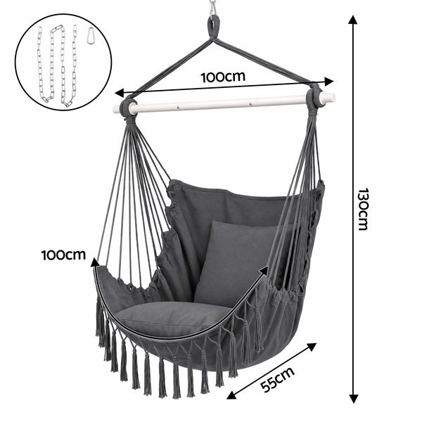 Gardeon Hammock Chair Camping Macrame Hanging Swing Cushions Metal Bar Grey Awezingly