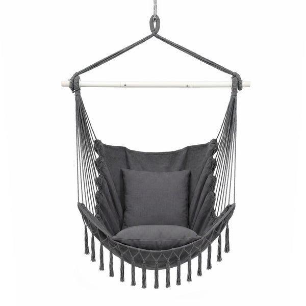 Gardeon Hammock Chair Camping Macrame Hanging Swing Cushions Metal Bar Grey Awezingly
