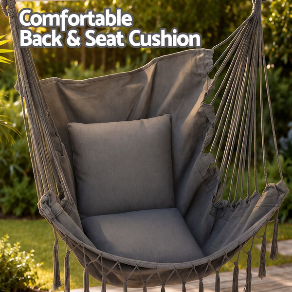 Gardeon Hammock Chair Camping Macrame Hanging Swing Cushions Metal Bar Grey Awezingly