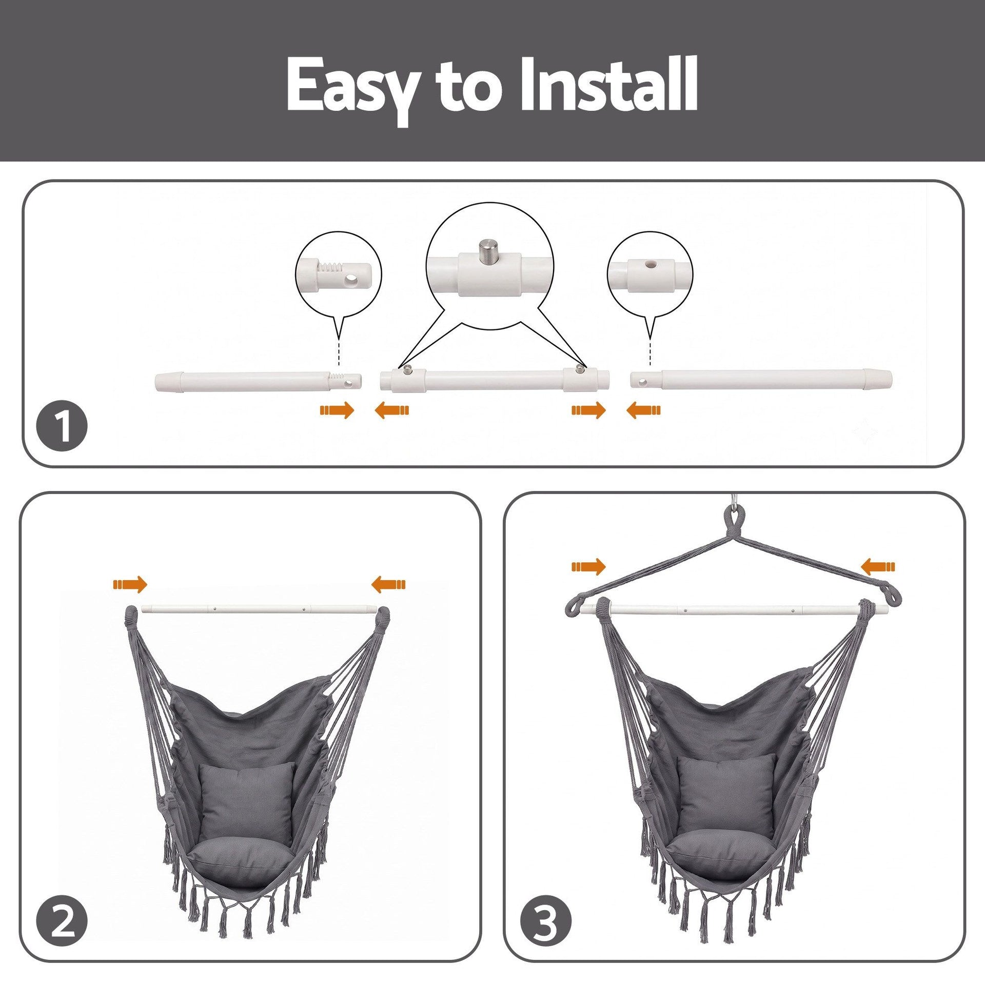 Gardeon Hammock Chair Camping Macrame Hanging Swing Cushions Metal Bar Grey Awezingly