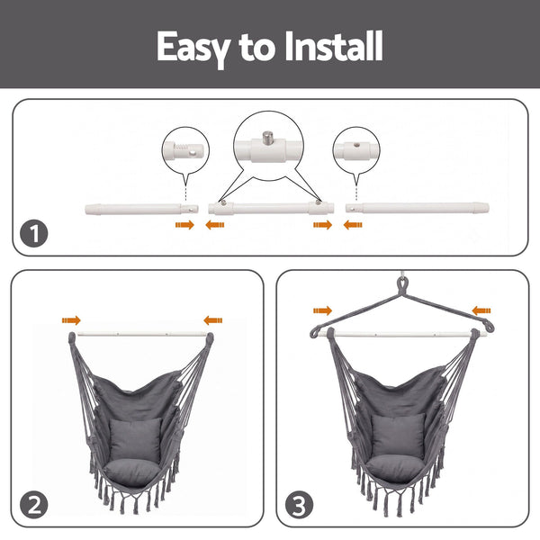 Gardeon Hammock Chair Camping Macrame Hanging Swing Cushions Metal Bar Grey Awezingly
