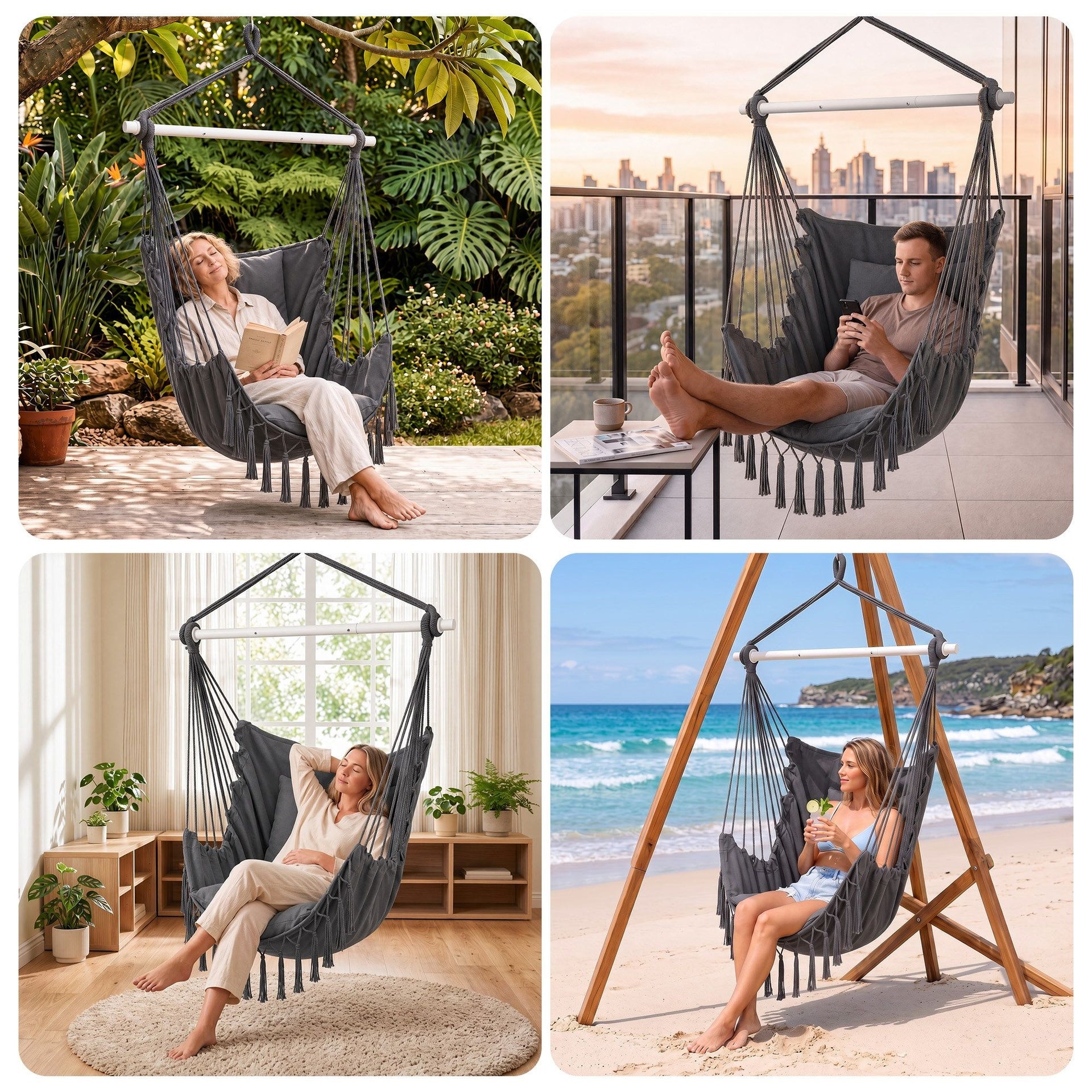 Gardeon Hammock Chair Camping Macrame Hanging Swing Cushions Metal Bar Grey Awezingly