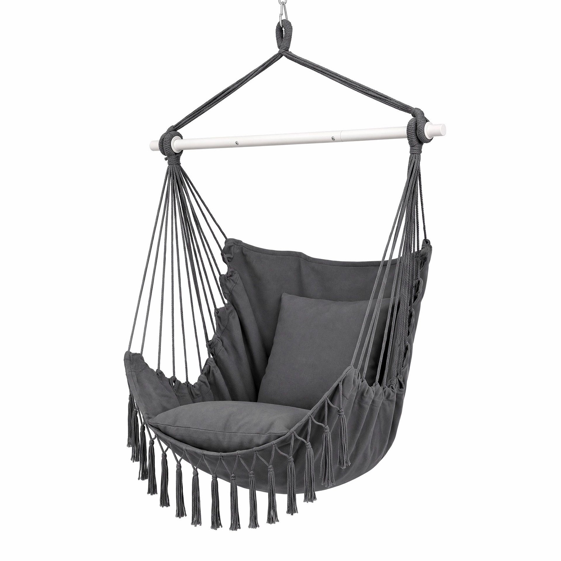 Gardeon Hammock Chair Camping Macrame Hanging Swing Cushions Metal Bar Grey Awezingly