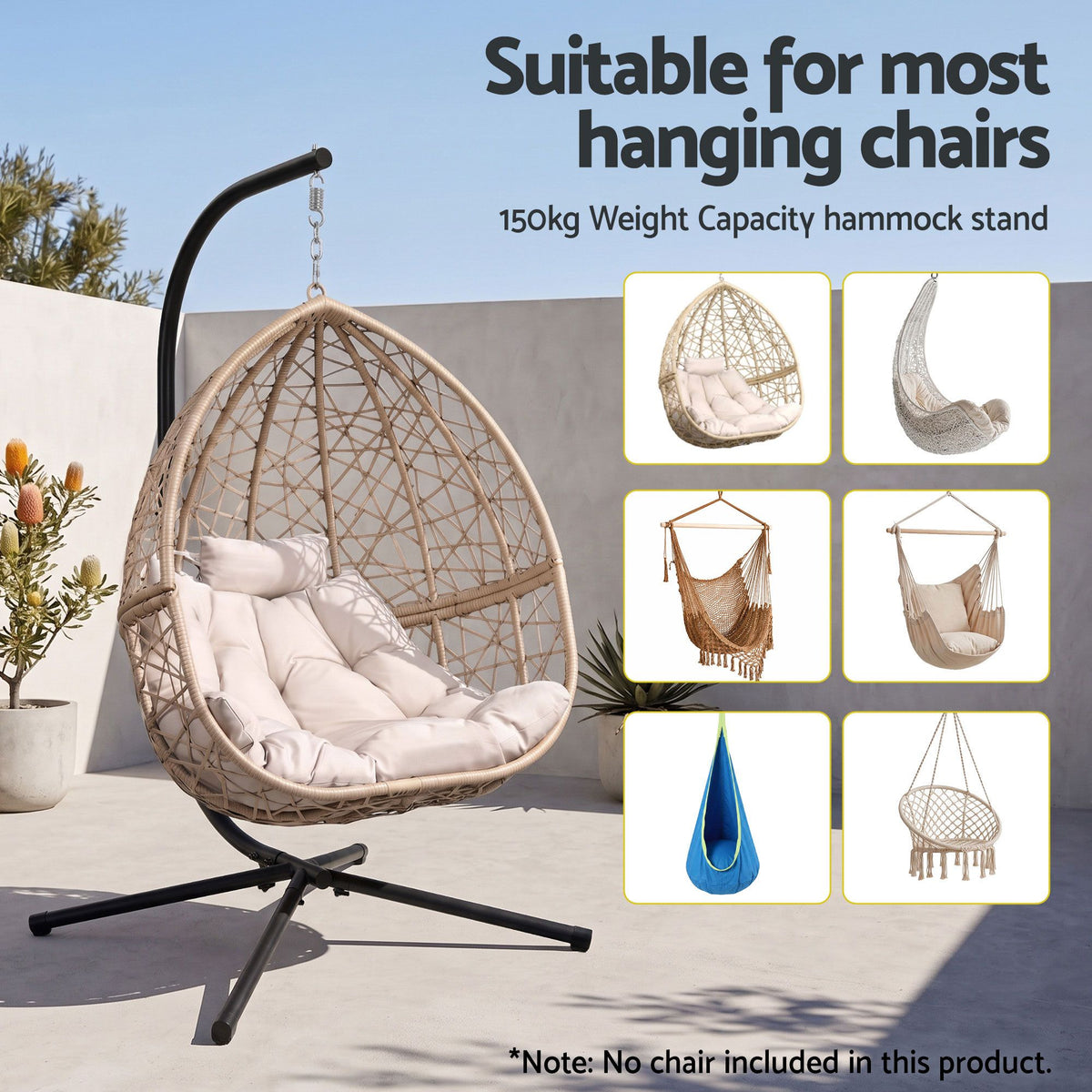 Gardeon Hammock Stand 150kg Capacity Metal Frame for Hanging Chairs Black Awezingly