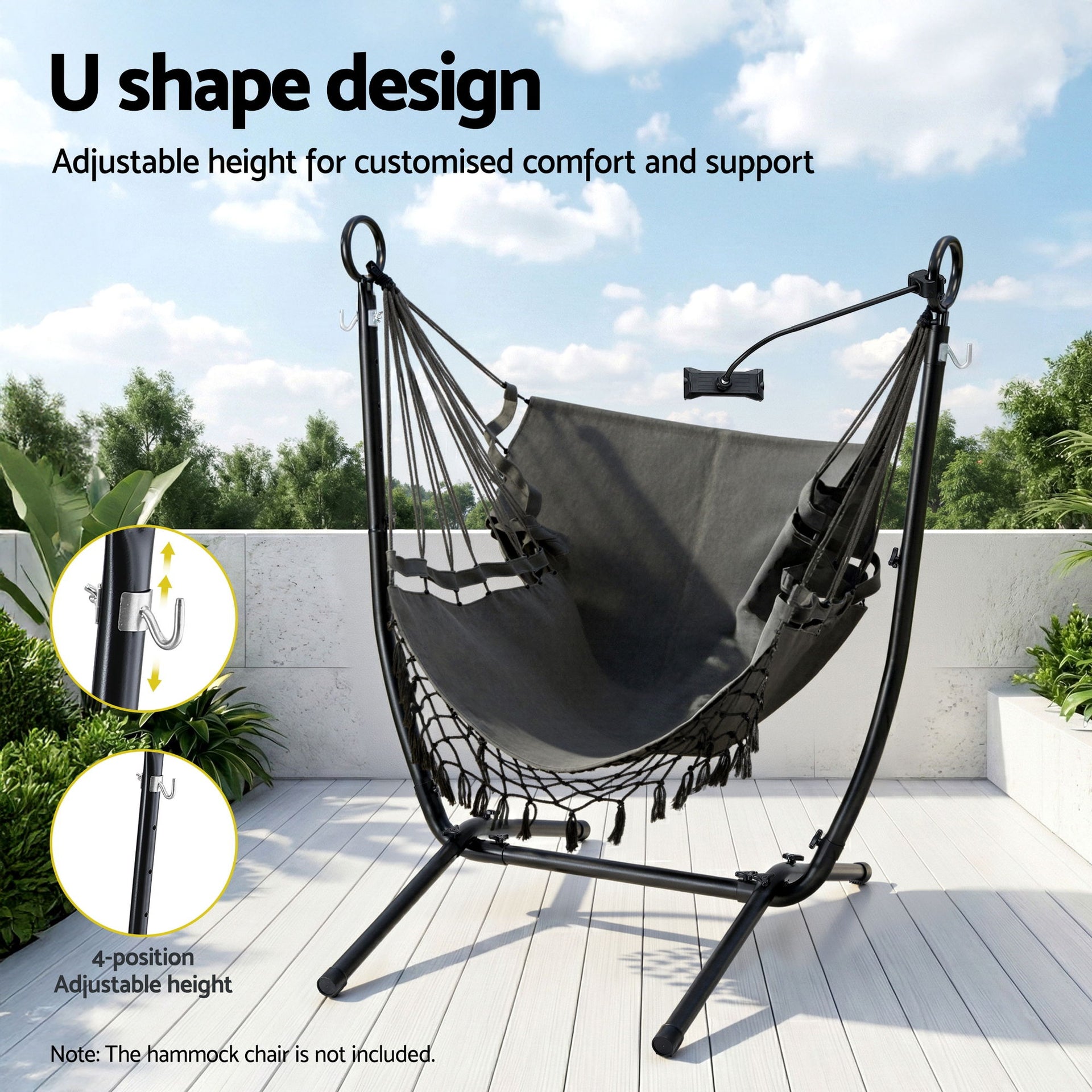 Gardeon Hammock Chair Stand Iron Frame w/ Phone Holder Black Awezingly