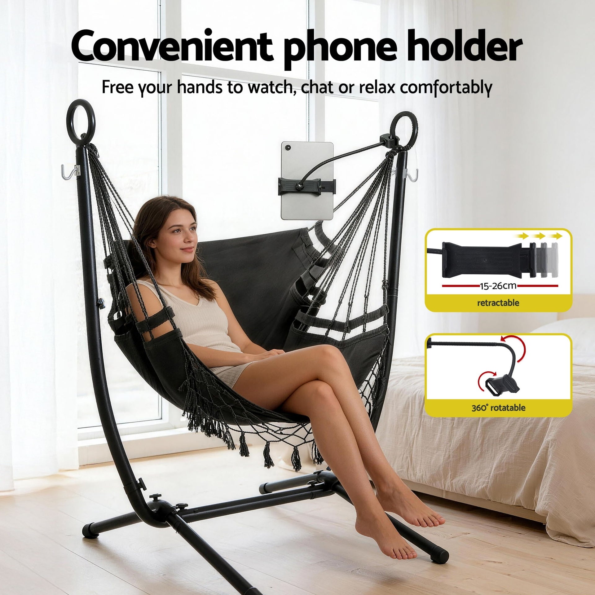 Gardeon Hammock Chair Stand Iron Frame w/ Phone Holder Black Awezingly