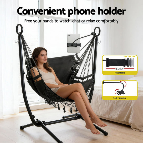 Gardeon Hammock Chair Stand Iron Frame w/ Phone Holder Black Awezingly
