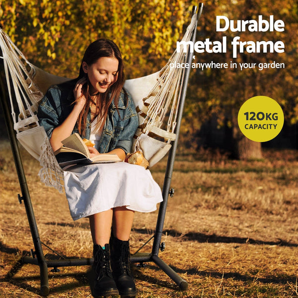Gardeon Hammock Chair Outdoor Camping Hanging with Stand Cream Gardeon
