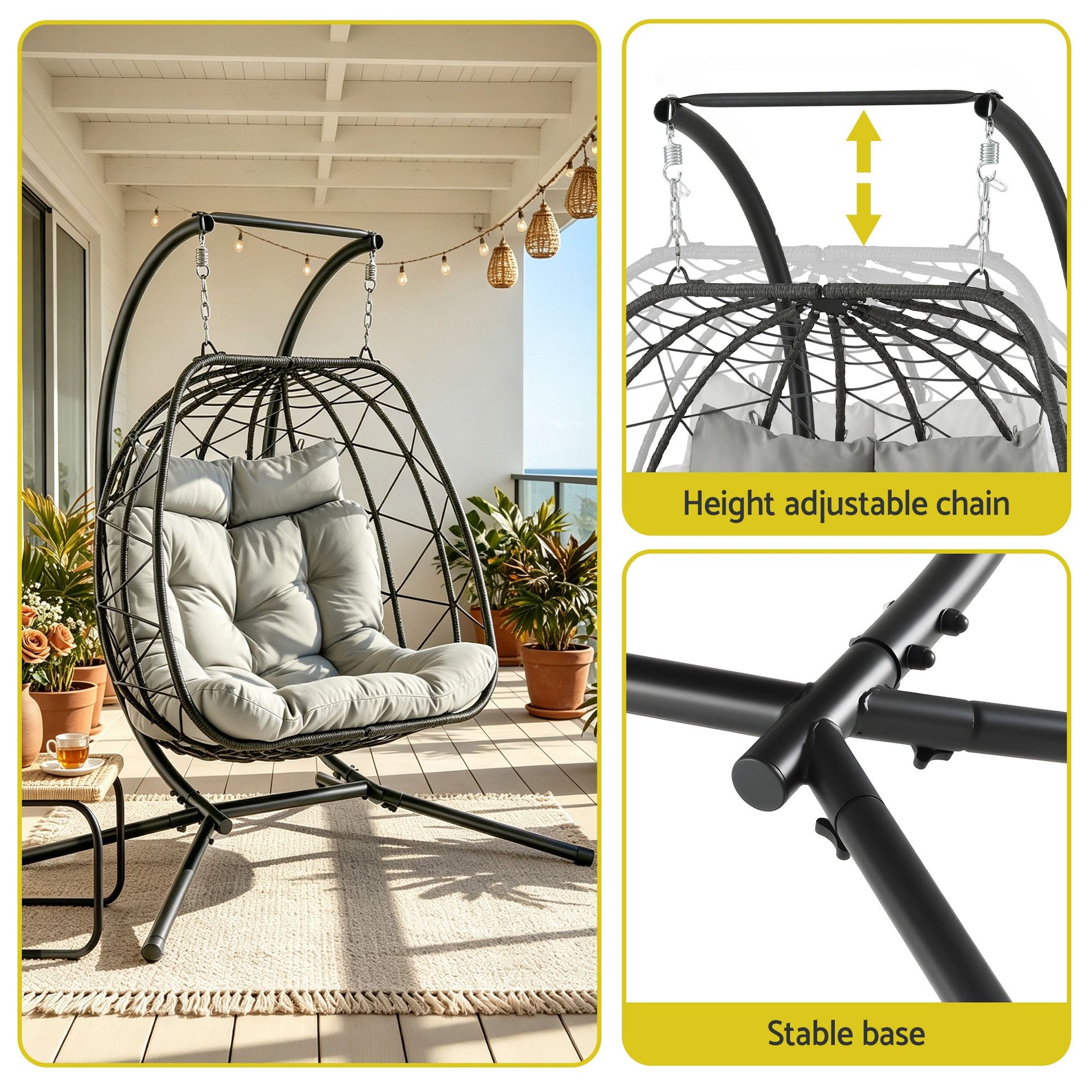 Gardeon Outdoor Swing Chair 2 Seater with Stand Cushion Rattan Patio Furniture Awezingly