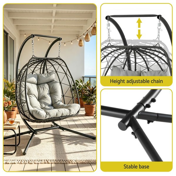 Gardeon Outdoor Swing Chair 2 Seater with Stand Cushion Rattan Patio Furniture Awezingly