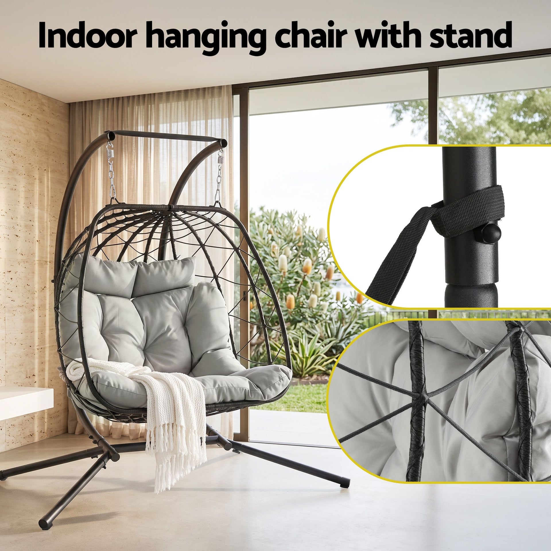Gardeon Outdoor Swing Chair 2 Seater with Stand Cushion Rattan Patio Furniture Awezingly