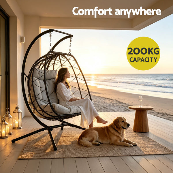 Gardeon Outdoor Swing Chair 2 Seater with Stand Cushion Rattan Patio Furniture Awezingly