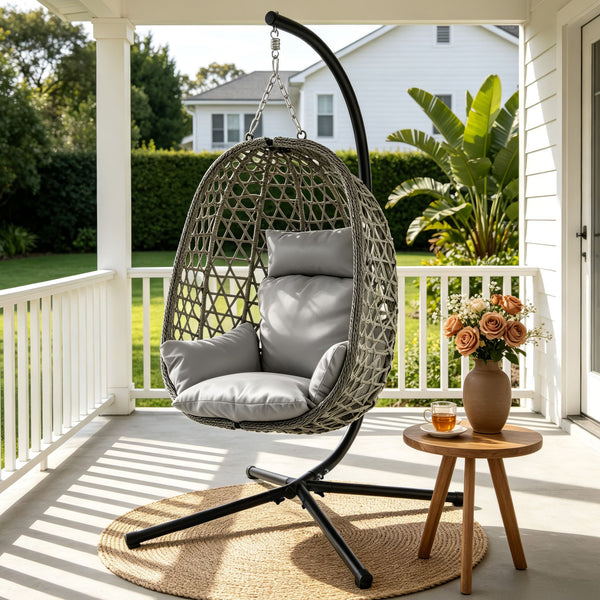 Gardeon Outdoor Swing Chair with Stand Cushion Rattan Furniture Grey Awezingly