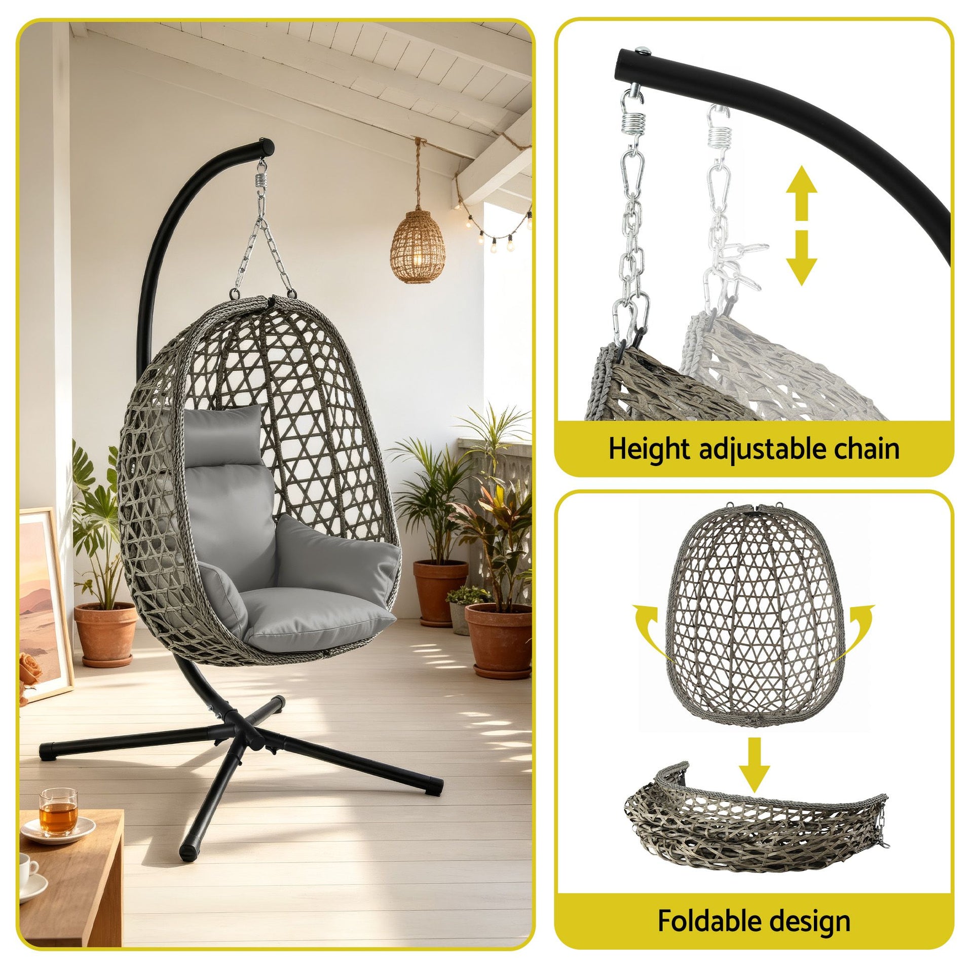 Gardeon Outdoor Swing Chair with Stand Cushion Rattan Furniture Grey Awezingly