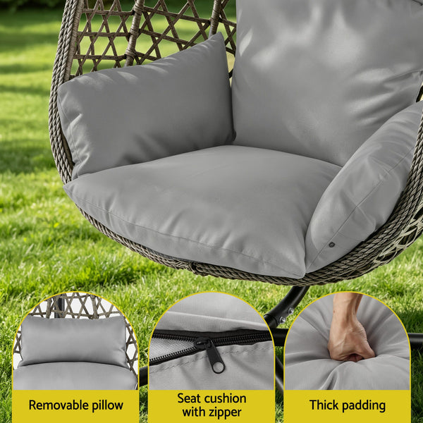 Gardeon Outdoor Swing Chair with Stand Cushion Rattan Furniture Grey Awezingly