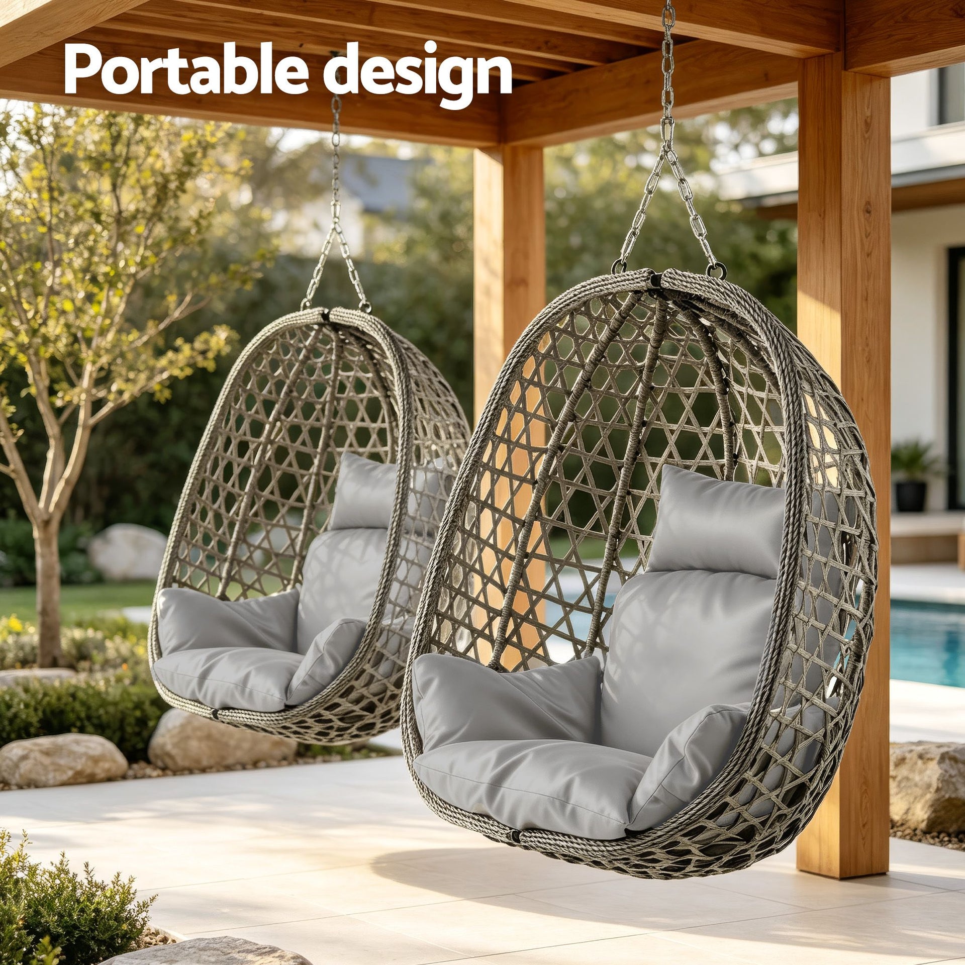Gardeon Outdoor Swing Chair with Stand Cushion Rattan Furniture Grey Awezingly