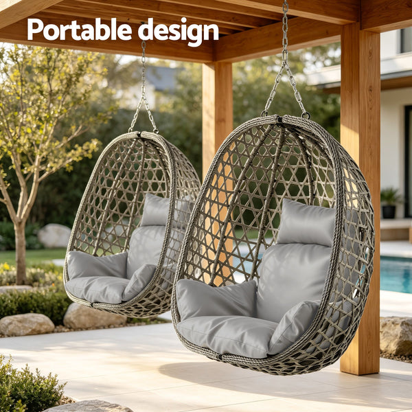 Gardeon Outdoor Swing Chair with Stand Cushion Rattan Furniture Grey Awezingly