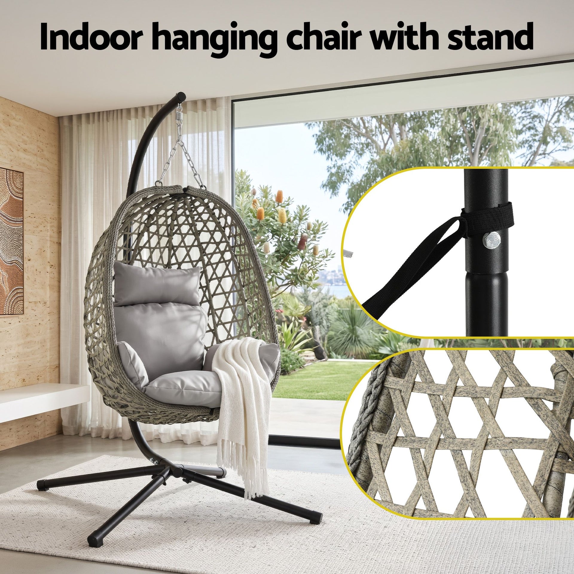 Gardeon Outdoor Swing Chair with Stand Cushion Rattan Furniture Grey Awezingly