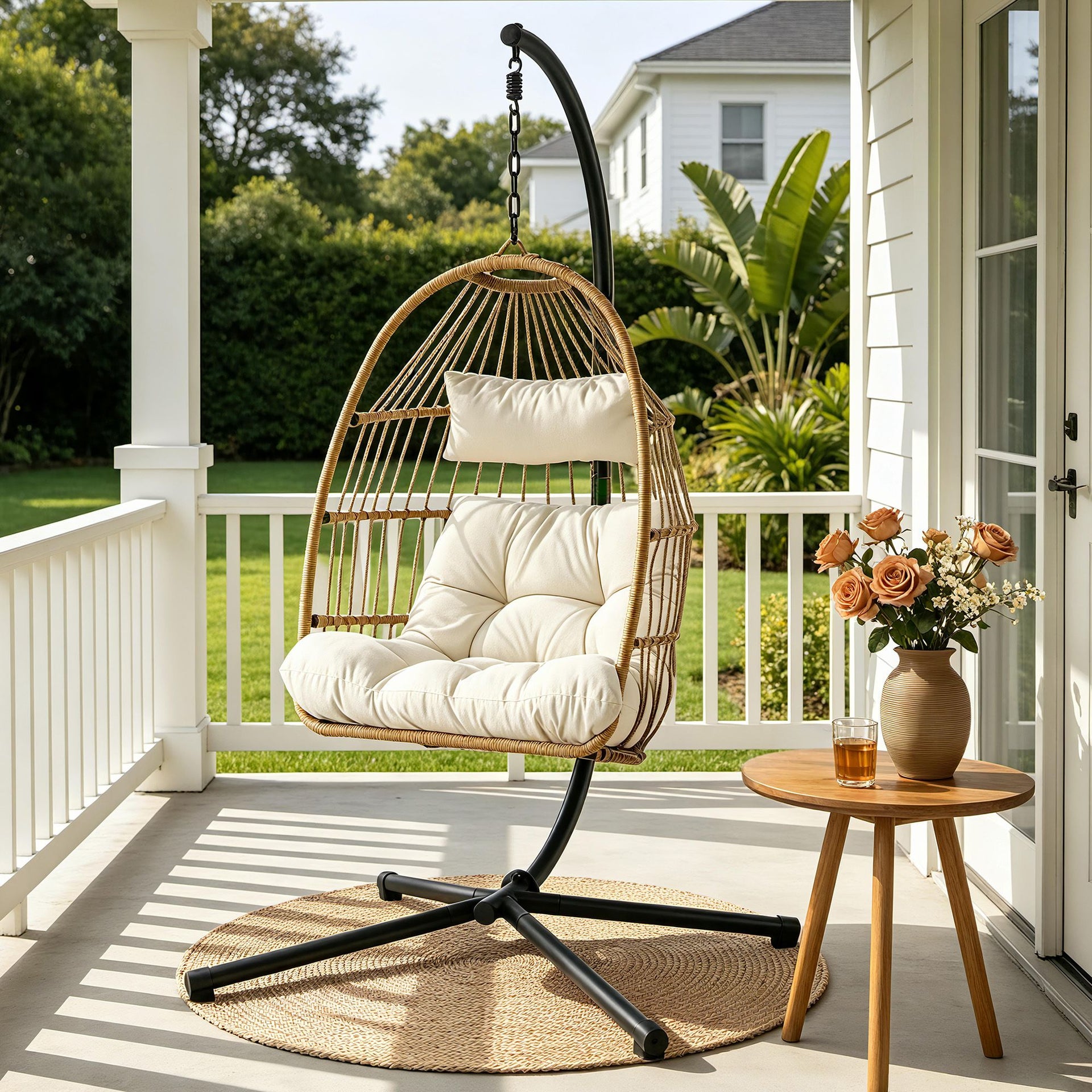 Gardeon Foldable Outdoor Swing Chair with Stand Cushion Rattan Patio Furniture Awezingly