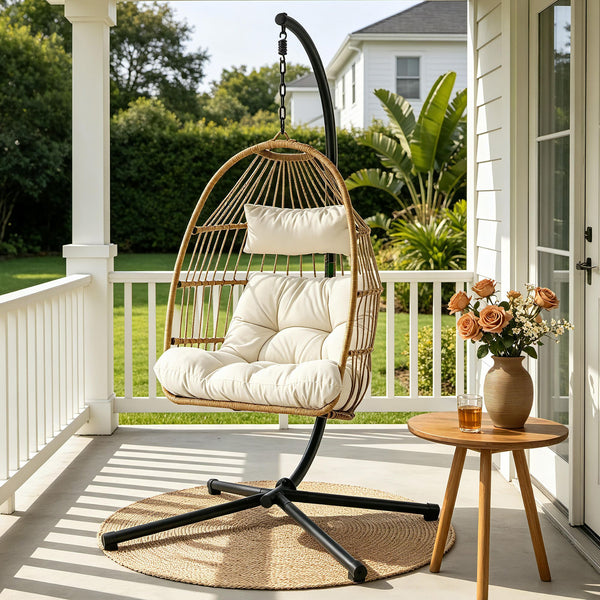 Gardeon Foldable Outdoor Swing Chair with Stand Cushion Rattan Patio Furniture Awezingly