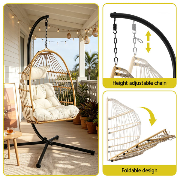 Gardeon Foldable Outdoor Swing Chair with Stand Cushion Rattan Patio Furniture Awezingly