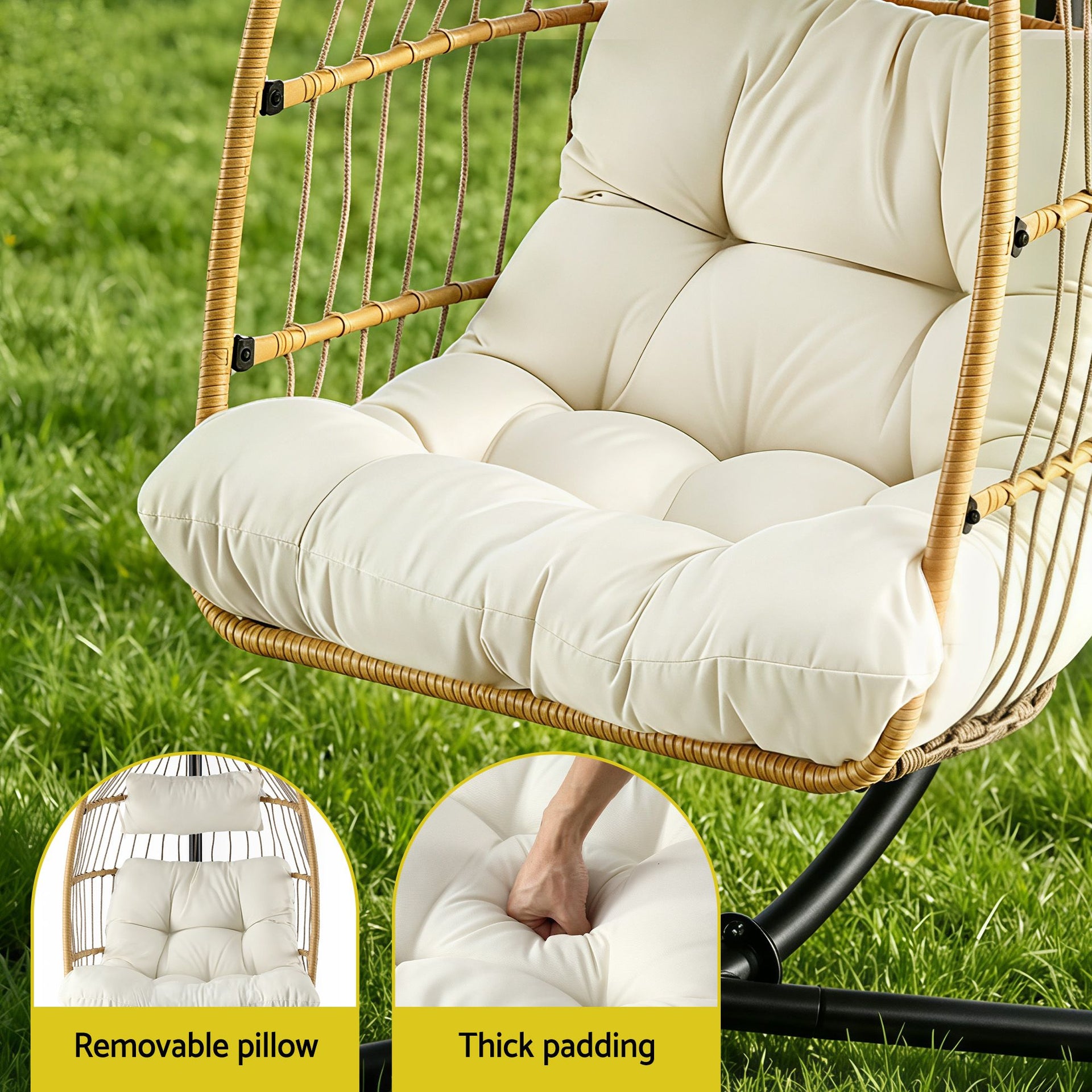 Gardeon Foldable Outdoor Swing Chair with Stand Cushion Rattan Patio Furniture Awezingly