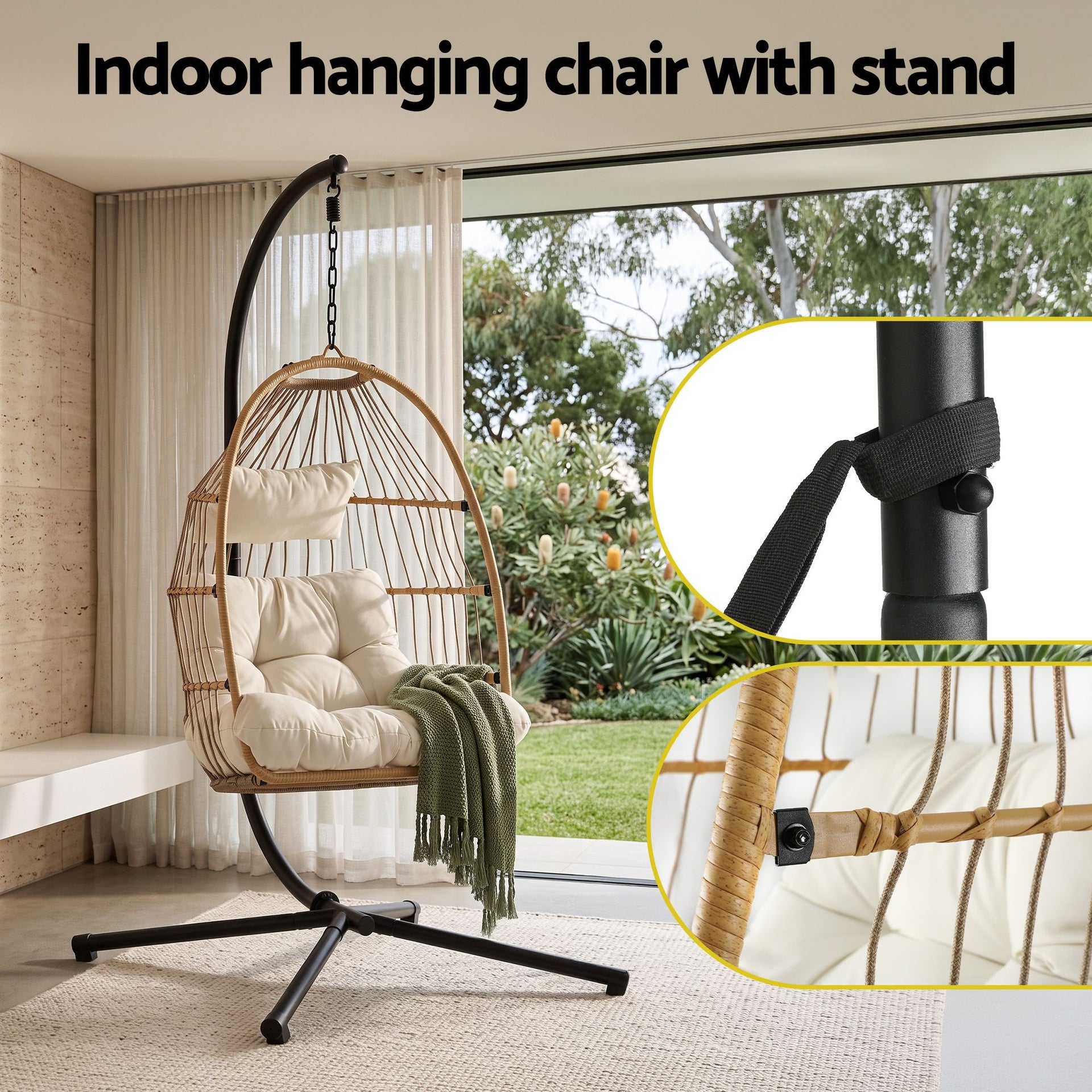 Gardeon Foldable Outdoor Swing Chair with Stand Cushion Rattan Patio Furniture Awezingly