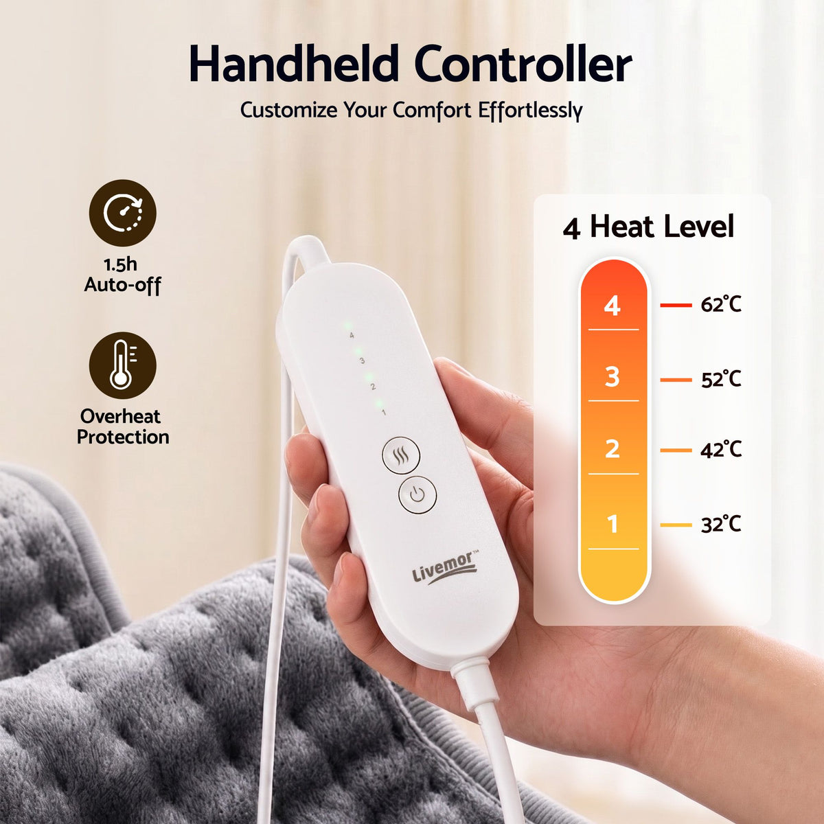 Livemor Heating Pad for Back Neck Shoulder Knee Arms Legs 60x30cm 4 Heat Settings Gift for Women Men Awezingly