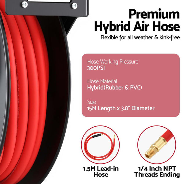 Giantz Air Hose Reel 3/8 IN x 15m Retractable Air Hose 300PSI Awezingly