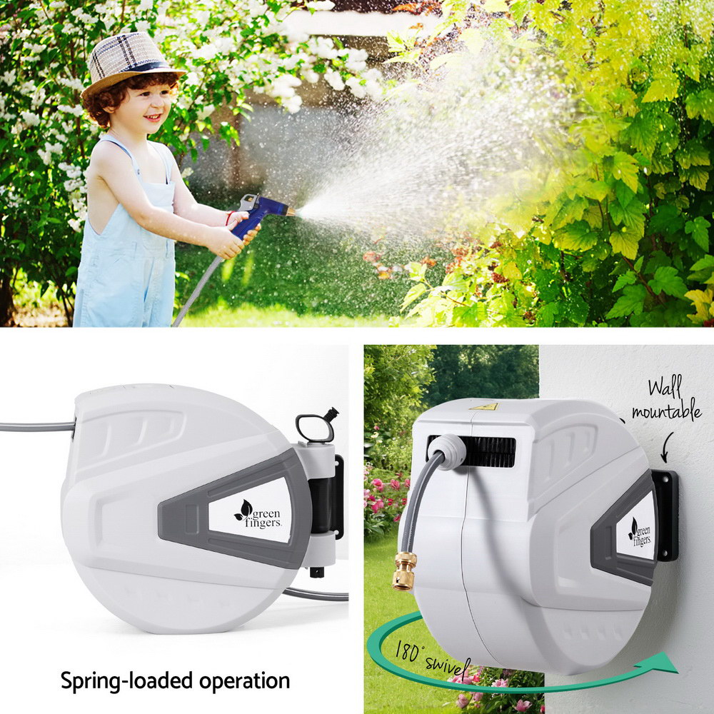 Green Fingers 30M Water Hose Reel Retractable Auto Rewind Wall Mount Garden Spray Gun Awezingly