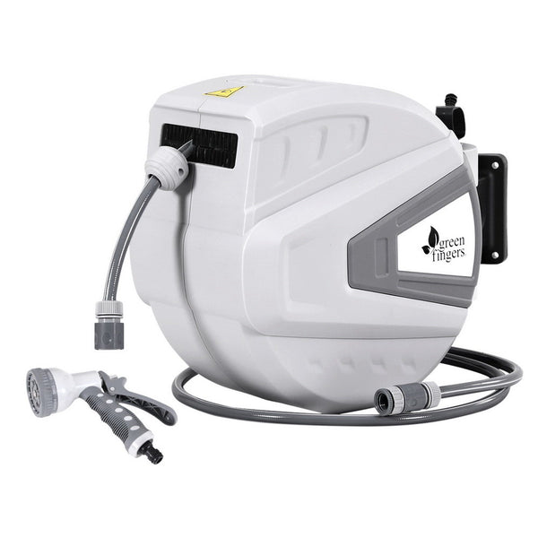 Green Fingers 30M Water Hose Reel Retractable Auto Rewind Wall Mount Garden Spray Gun Greenfingers