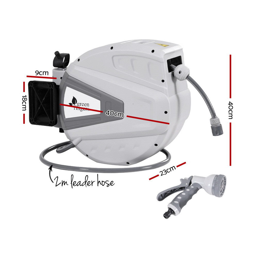 Green Fingers 30M Water Hose Reel Retractable Auto Rewind Wall Mount Garden Spray Gun Greenfingers