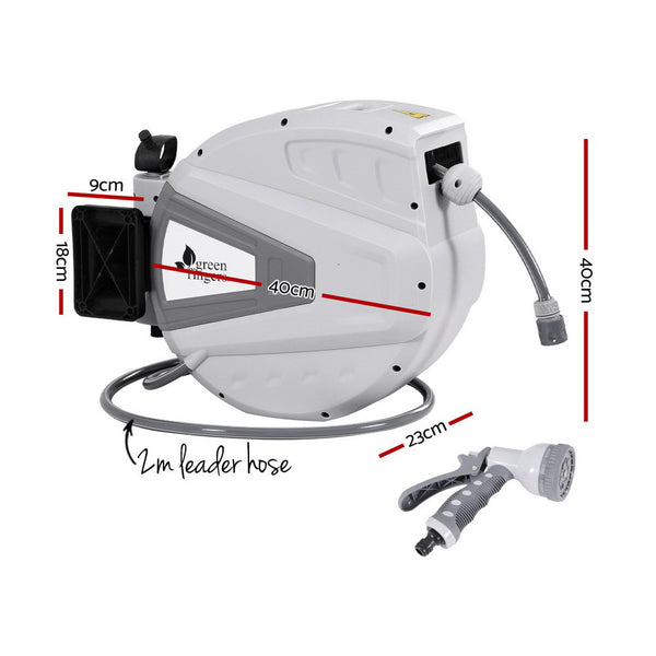 Green Fingers 30M Water Hose Reel Retractable Auto Rewind Wall Mount Garden Spray Gun Greenfingers