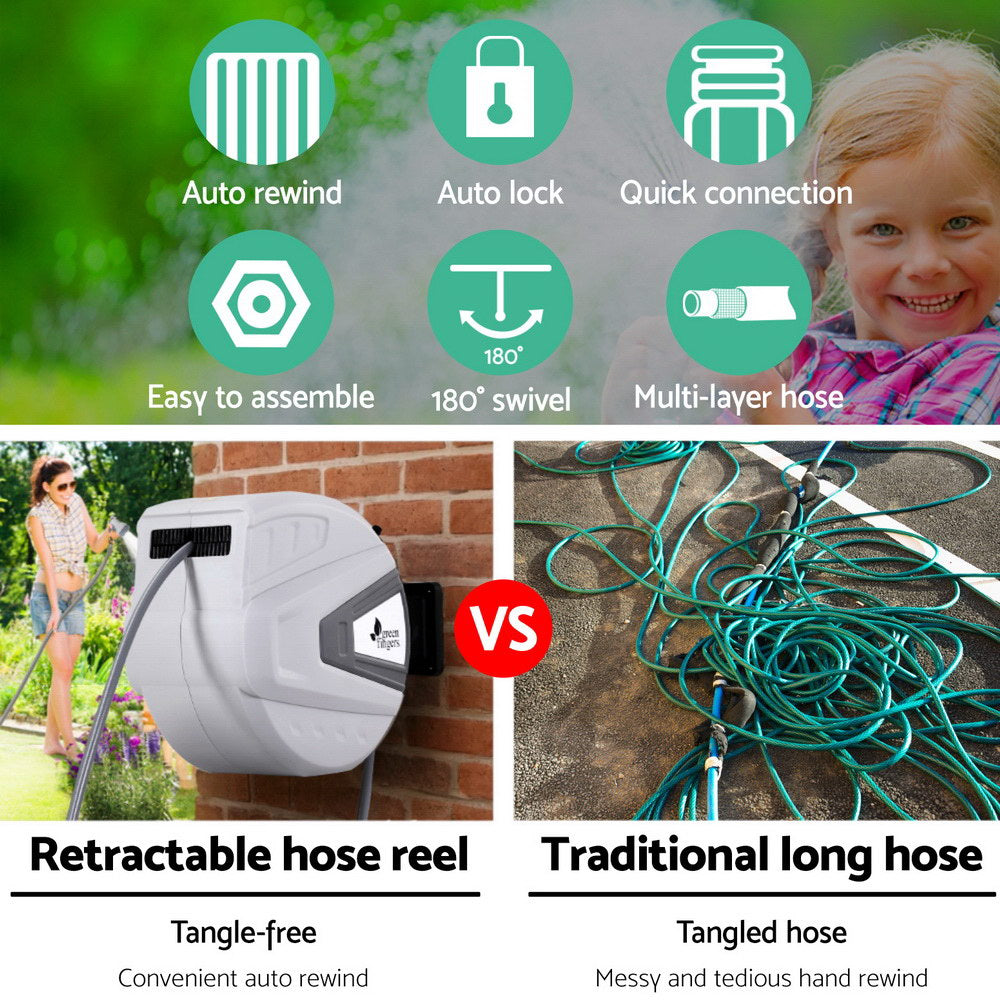 Green Fingers 30M Water Hose Reel Retractable Auto Rewind Wall Mount Garden Spray Gun Greenfingers