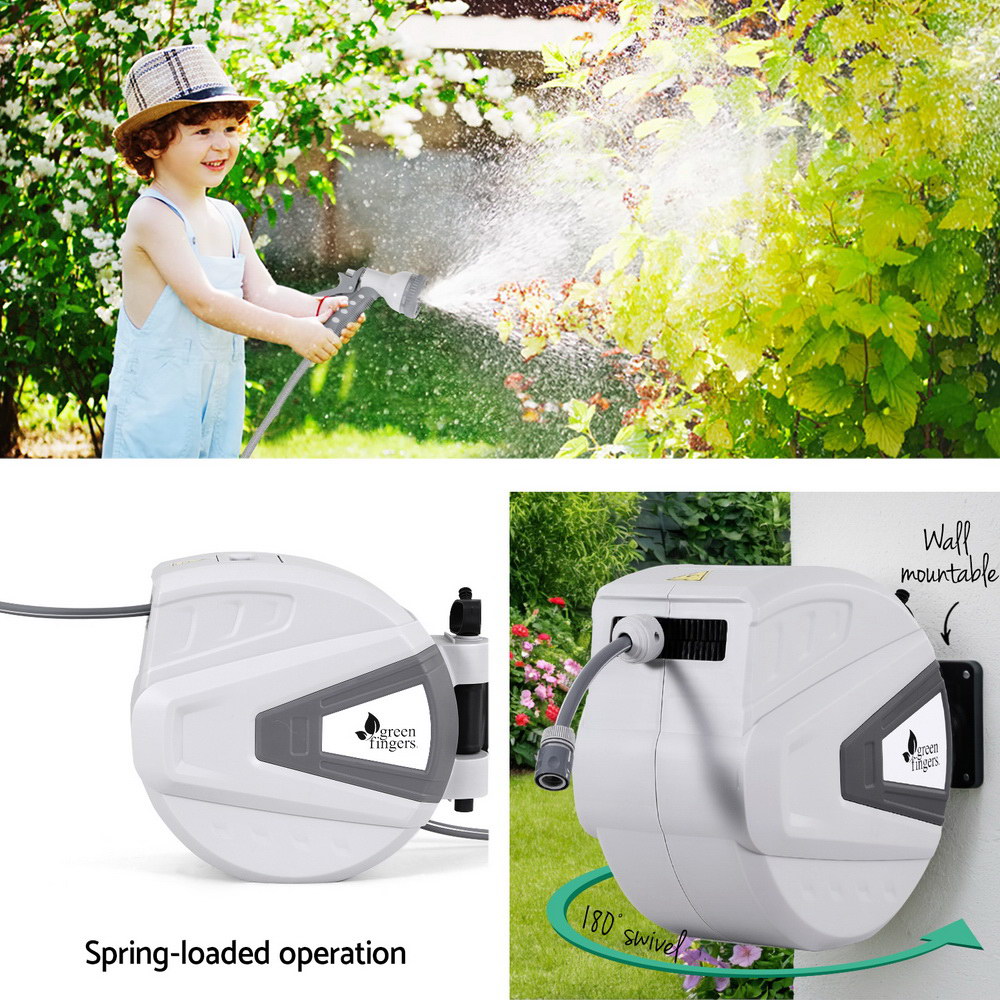 Green Fingers 30M Water Hose Reel Retractable Auto Rewind Wall Mount Garden Spray Gun Greenfingers
