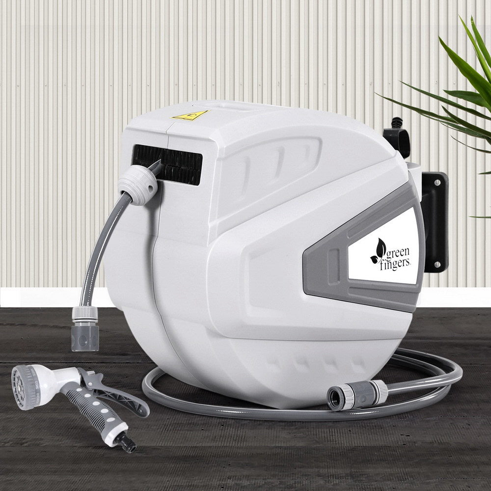 Green Fingers 30M Water Hose Reel Retractable Auto Rewind Wall Mount Garden Spray Gun Greenfingers