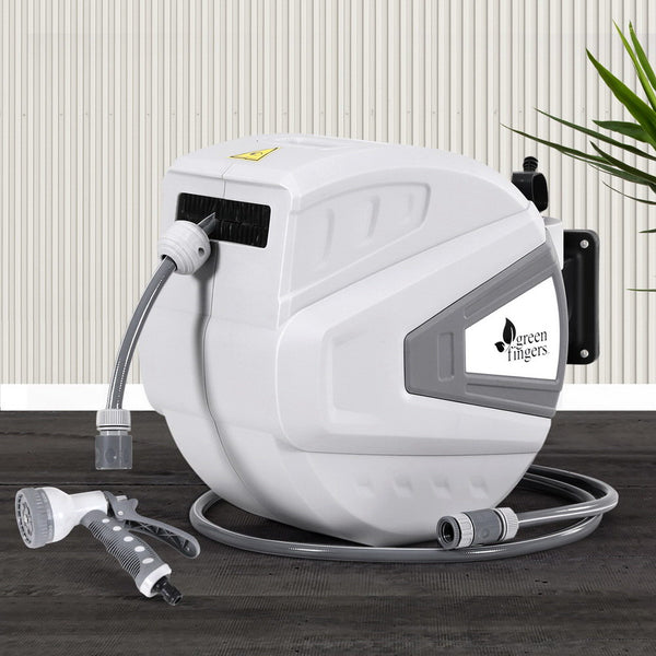 Green Fingers 30M Water Hose Reel Retractable Auto Rewind Wall Mount Garden Spray Gun Greenfingers